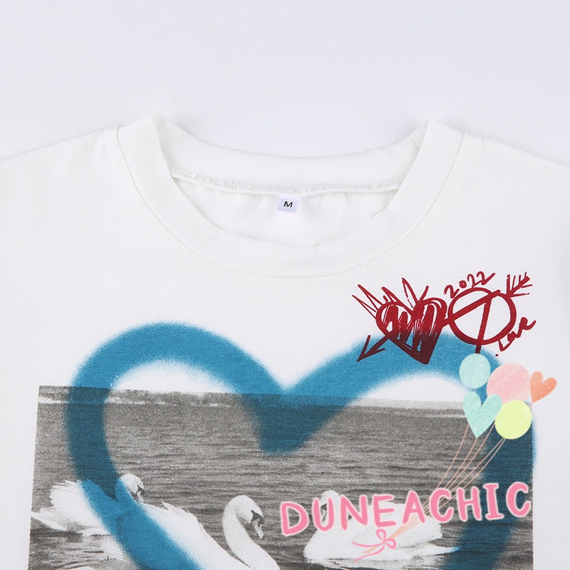 Áo Thun Ngắn Tay Cổ Tròn In Hình Thiên Nga Tương Phản Cá Tính Cho Nữ