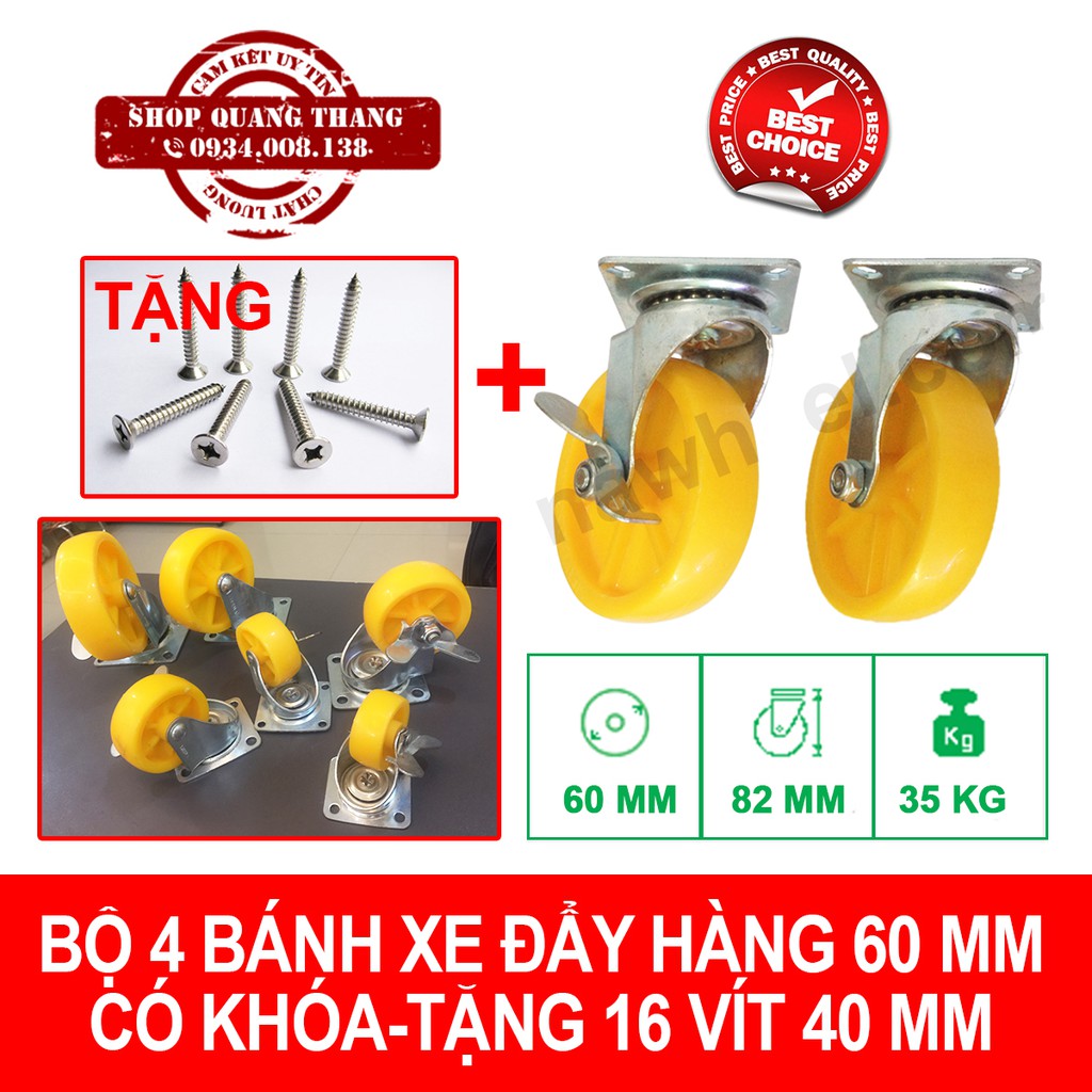 Bộ 4 bánh xe nhựa vàng đẩy hàng có khóa xoay chuyển hướng 60mm