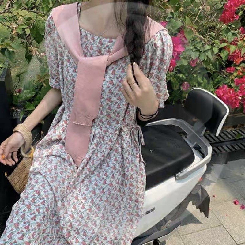Váy hoa nhí thắt nơ sườn không kèm khăn Ulzzang style 🌸 Hàng Quảng Châu