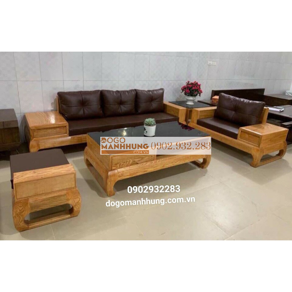 Bộ bàn ghế phòng khách Sofa góc gỗ sồi mầu óc chó mẫu hiện - Xưởng Gỗ Mạnh Hùng