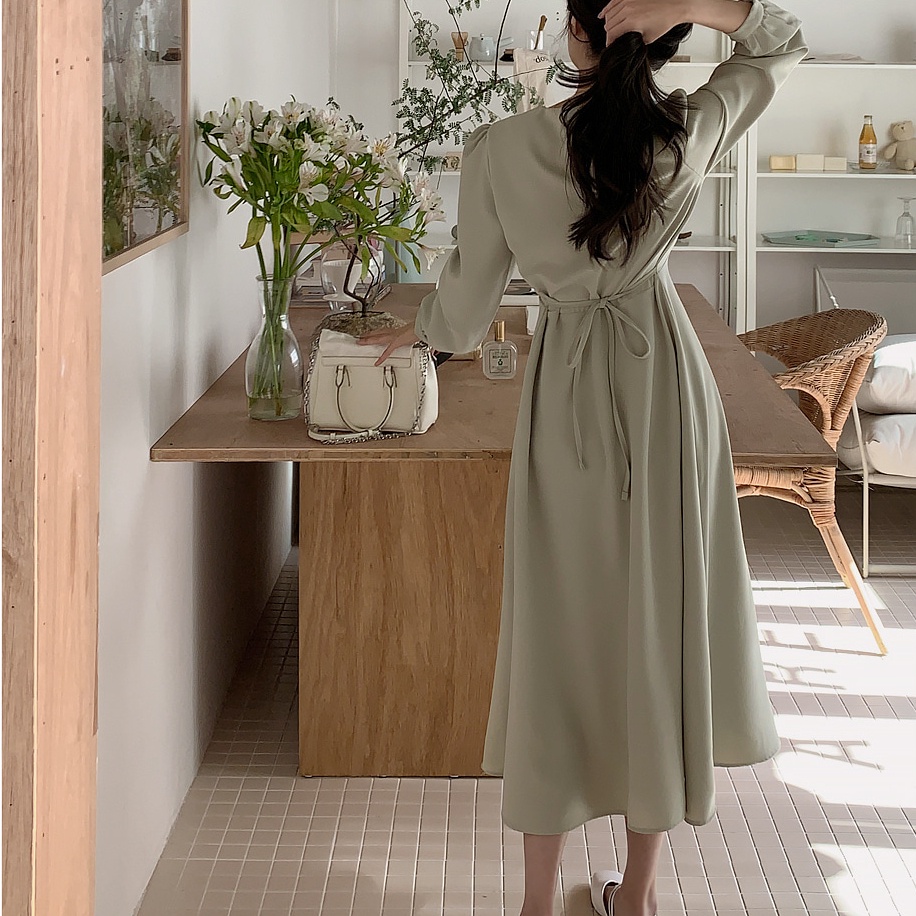Đầm midi SUXI dài tay cổ chữ V đơn giản thời trang mùa hè cho nữ