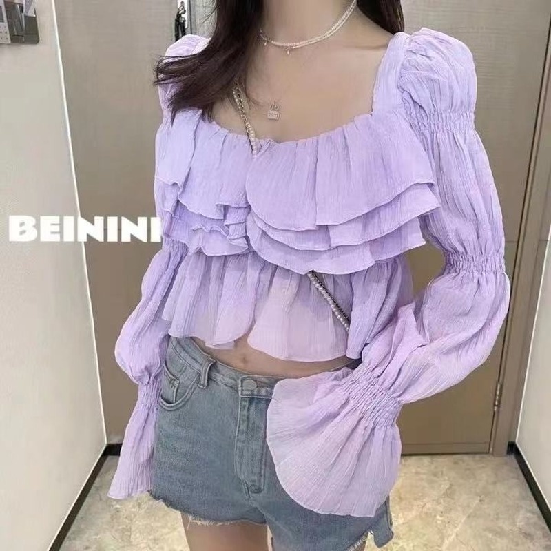 Áo Sơ Mi Chiffon Tay Dài Viền Bèo Màu Xanh Dương Thời Trang Mùa Xuân Cho Nữ