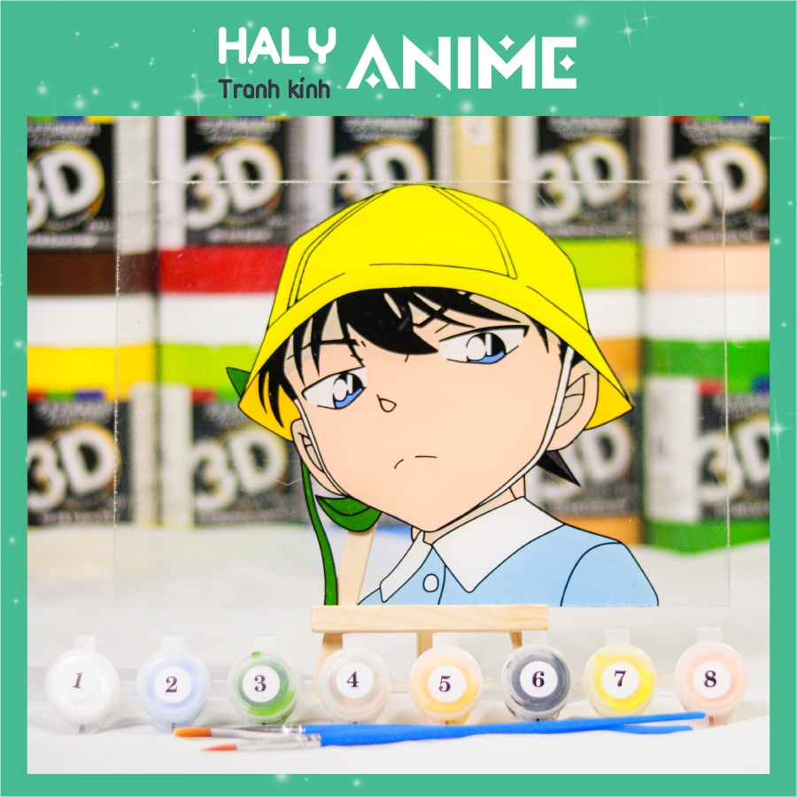 Tranh kính anime Conan, theo yêu cầu, glass painting kit dễ thương, màu acrylic 3D khó phai.