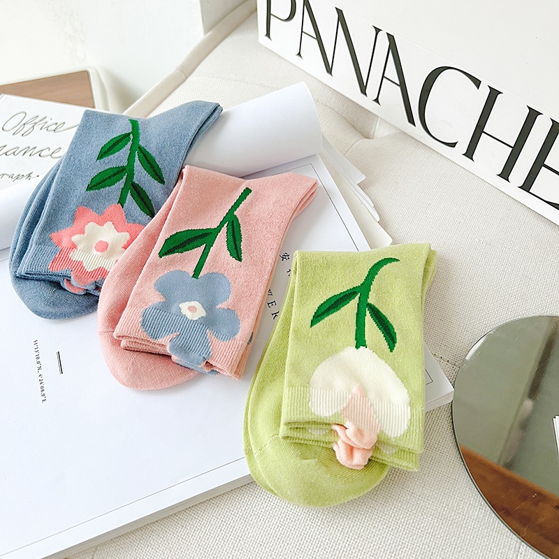 Vớ cotton cổ cao họa tiết bông hoa 3D phong cách lolita thời trang thanh lịch cho nữ