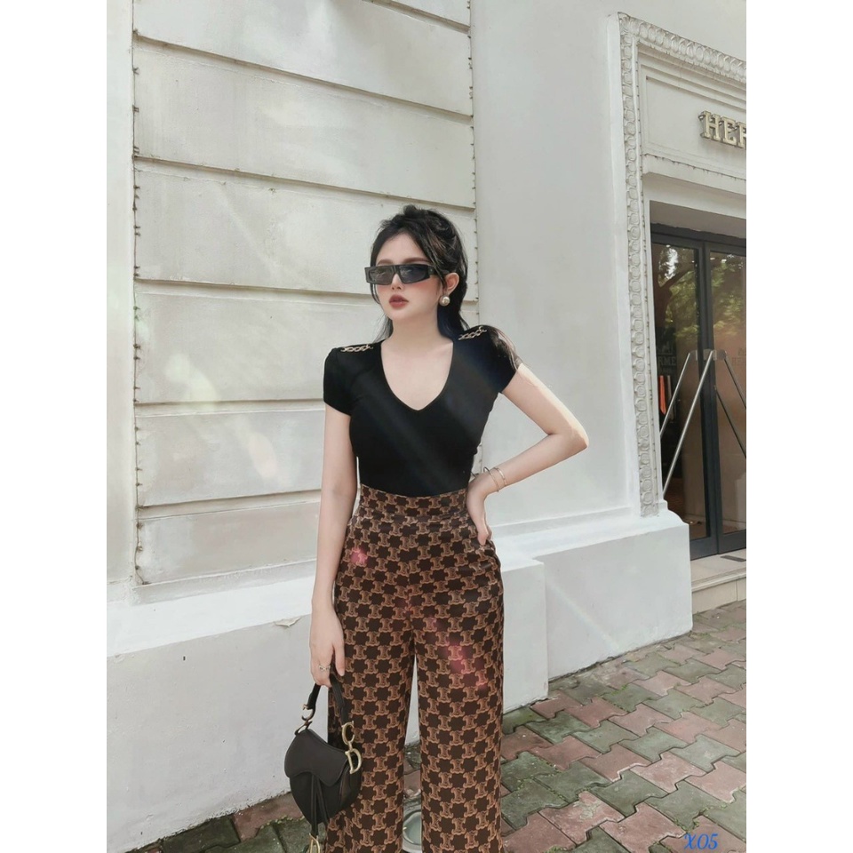 Set bộ 2 món quần dài ống suông kèm áo thun ôm body ngắn lưng cổ tim đơn giản nhưng đẹp