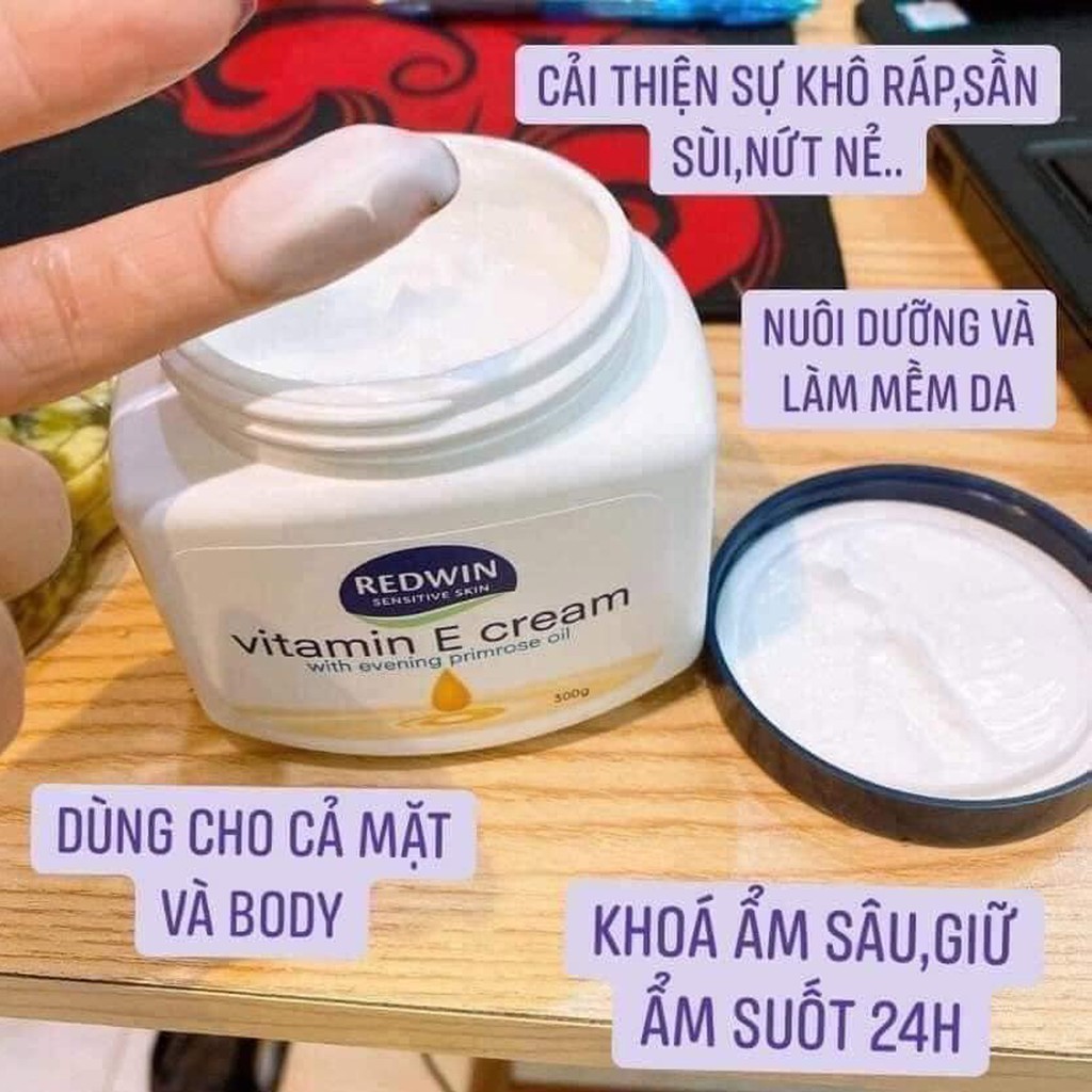 Kem dưỡng vitamin e Redwin dưỡng ẩm trắng da vitamine cream da mặt body da em bé nhạy cảm hũ 300g