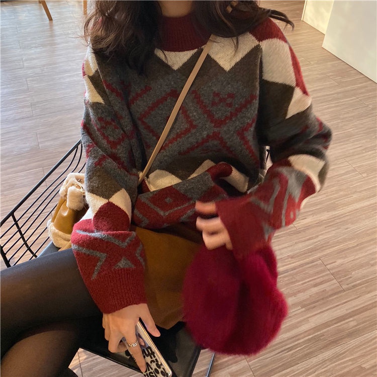 Áo Sweater Tay Dài Thời Trang Trẻ Trung 198524 Áo Len Cổ Tròn Form Rộng Màu Sắc Tương Phản Phong Cách Retro