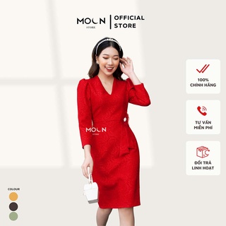 Váy nữ đỏ dáng dài cổ v giúp dáng tôn da mv73 moon store