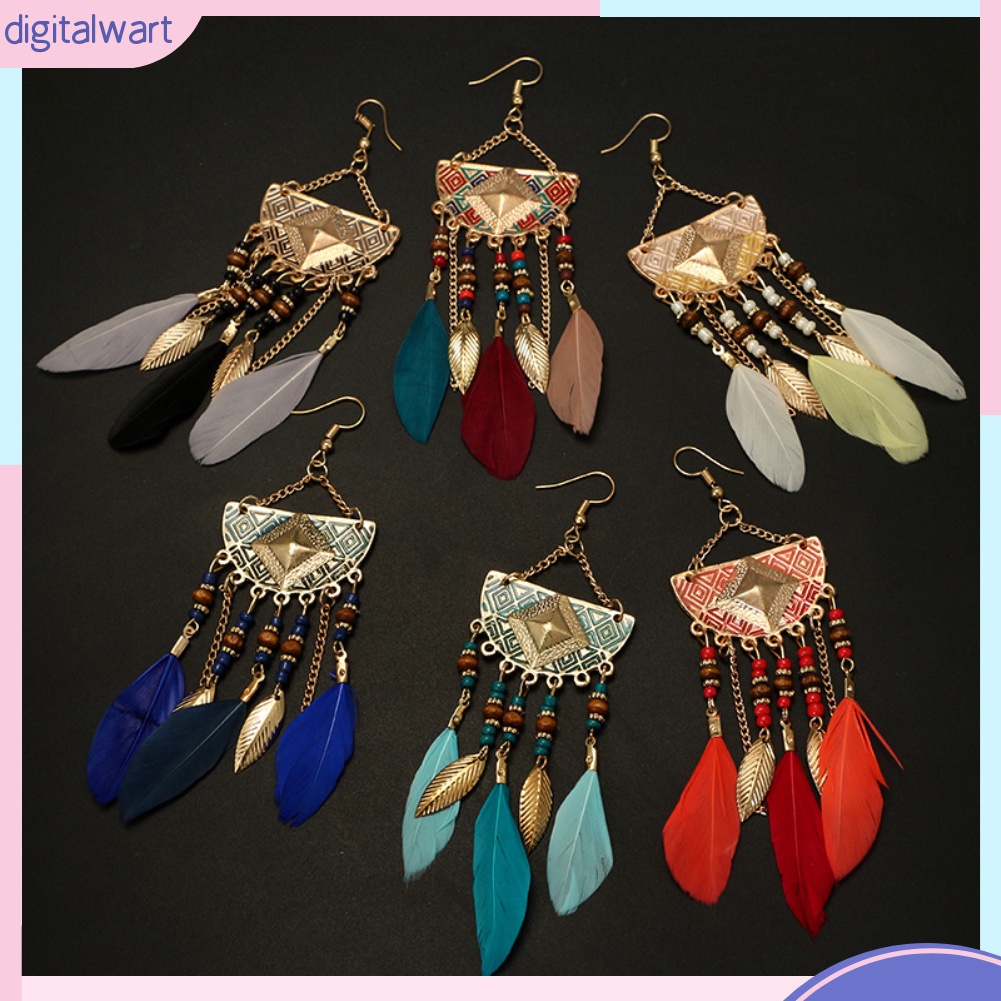 Bông Tai Hình Quạt Phối Lông Vũ Thời Trang Bohemian Dành Cho Nữ