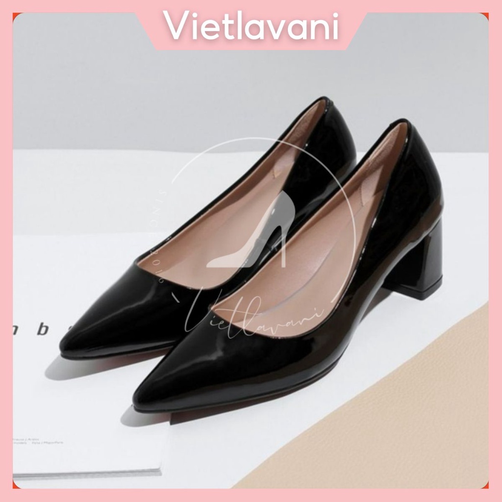 Cao gót Da Bóng 5P gót vuông cực xinh mã BBC22 Màu Kem và Đen