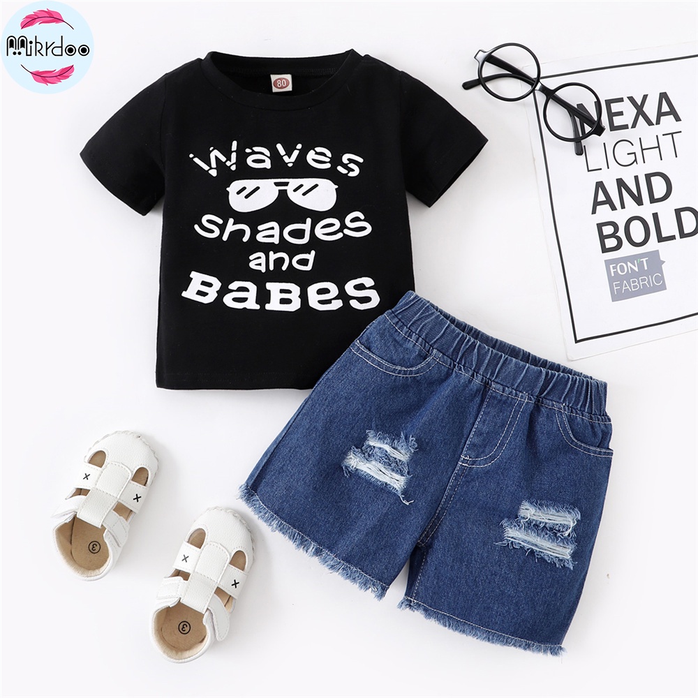 Set Đồ Mùa Hè 2 Món Gồm Áo Thun Tay Cộc In Chữ + Quần Ngắn Denim In Họa Tiết Mắt Kính Cho Bé Trai