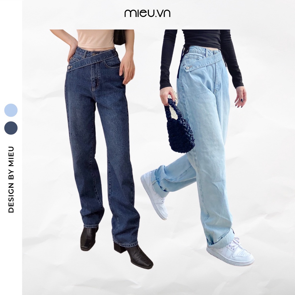 Quần jeans ống suông lưng cao đai chéo MIEU (Đậm/ Nhạt) - GO10