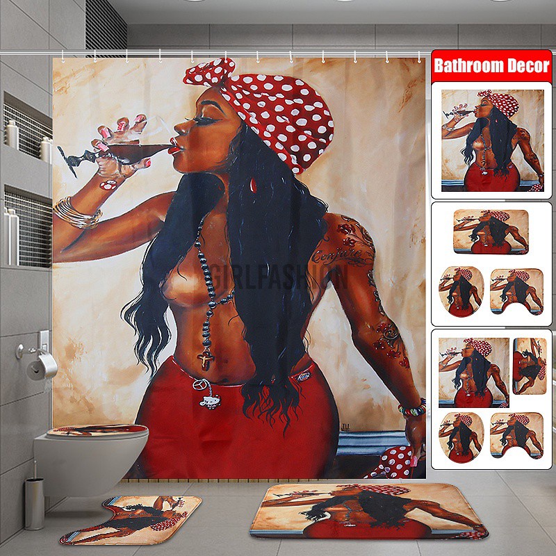 Shower Curtain Bath Pad Pedestal Rug Lid Toilet Cover African Woman Girl Beauty