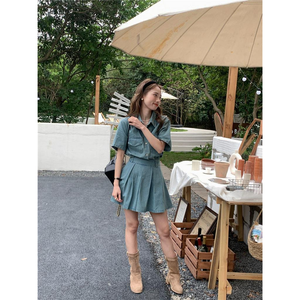 Bộ Áo Denim Ngắn Tay + Chân Váy Thời Trang Retro Hàn Quốc 63395