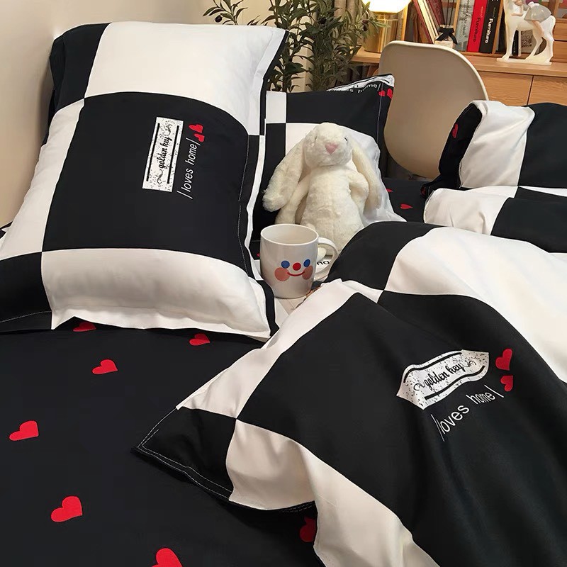 BỘ CHĂN GA VÀ VỎ GỐI POLY COTTON Tim Caro Đen Trắng - Bộ Chăn Ga Gối 5 Món Cao Cấp