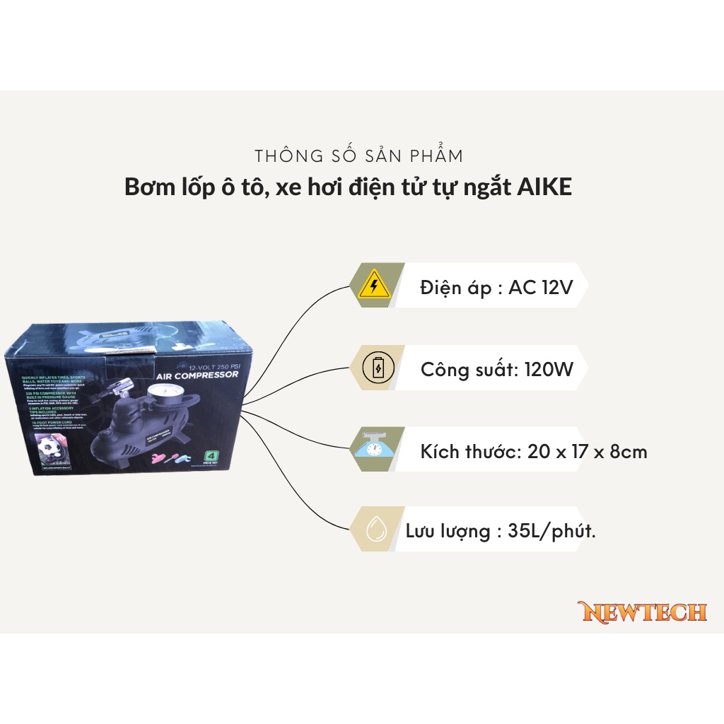 Bơm lốp ô tô, xe hơi điện tử tự ngắt AIKE - Bảo hành 12 tháng