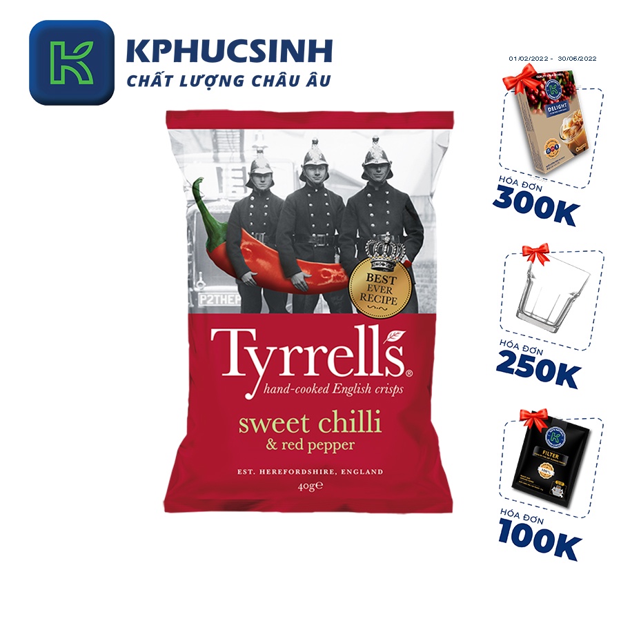 Khoai tây chiên Tyrrells sweet chilli Red pepper hand cooked crips 40g KPHUCSINH - Hàng Chính Hãng