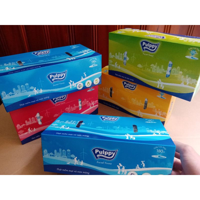 Giấy lụa Pulppy để hộp rút rất tiện lợi, 1 Hộp có 180 tờ + mỗi tờ có 2 lớp| màu hộp linh hoạt