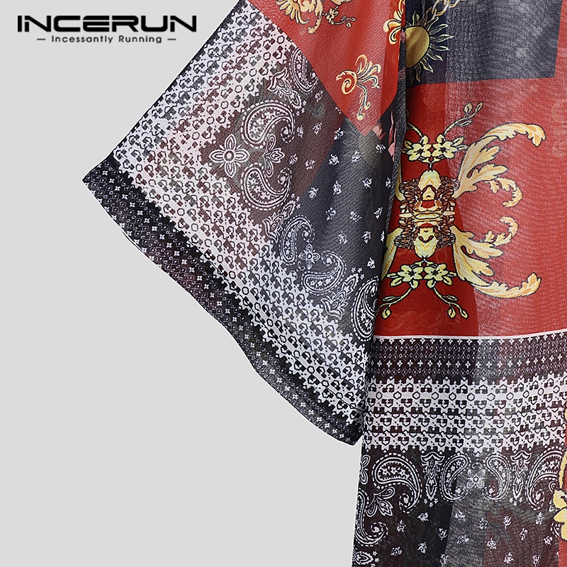 INCERUN Áo Sơ Mi Ngắn Tay Dáng Rộng Họa Tiết Dân Tộc Retro Dành Cho Nam