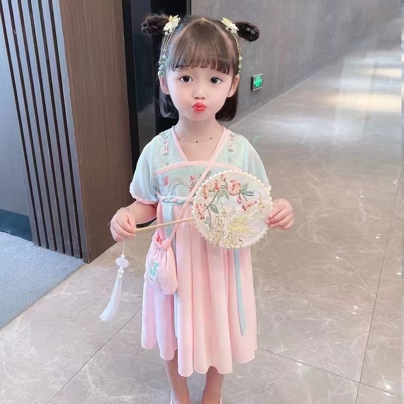 Spot Girls Váy Hanfu cho trẻ em Mùa hè mỏng tay ngắn Tang Phù hợp với phong cách Trung Quốc Siêu cổ tích Váy cổ yếm Cô gái nhỏ Váy voan công chúa 90-150 Yards