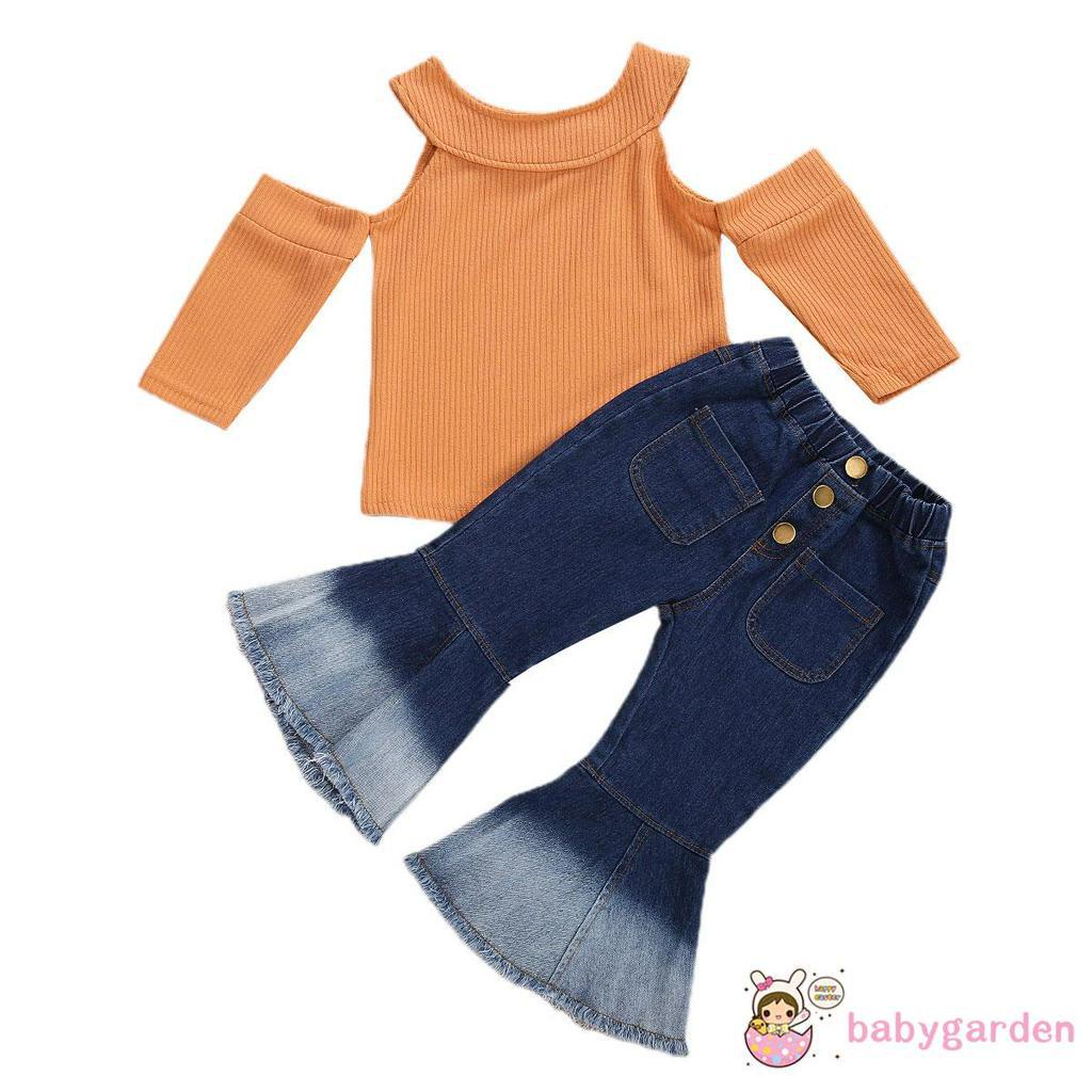 Set Áo Trễ Vai Và Quần Jeans Ống Loe Thời Trang Cho Bé Gái