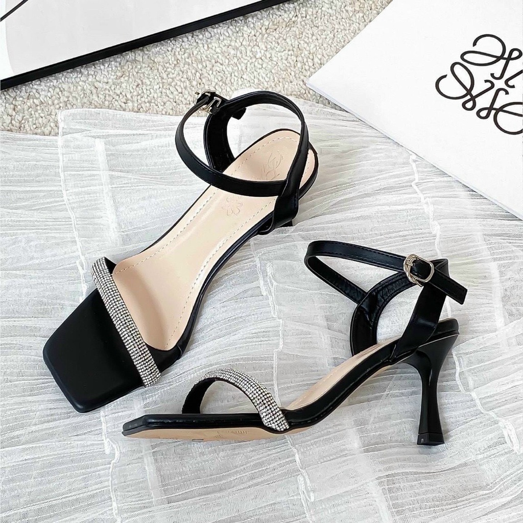 Free ship Giày cao gót, Sandal cao gót quai mảnh đá gót nhọn 7p da lì đi xinh xỉu