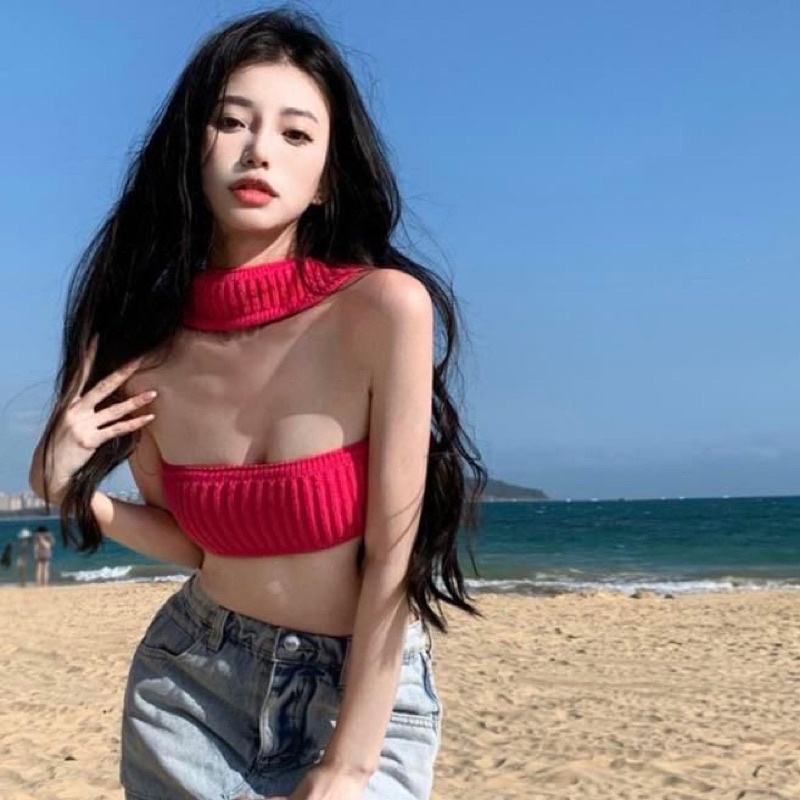 Áo ống kiểu croptop nữ len gân phối dây choker trơn cúp ngực - Order taobao quảng châu