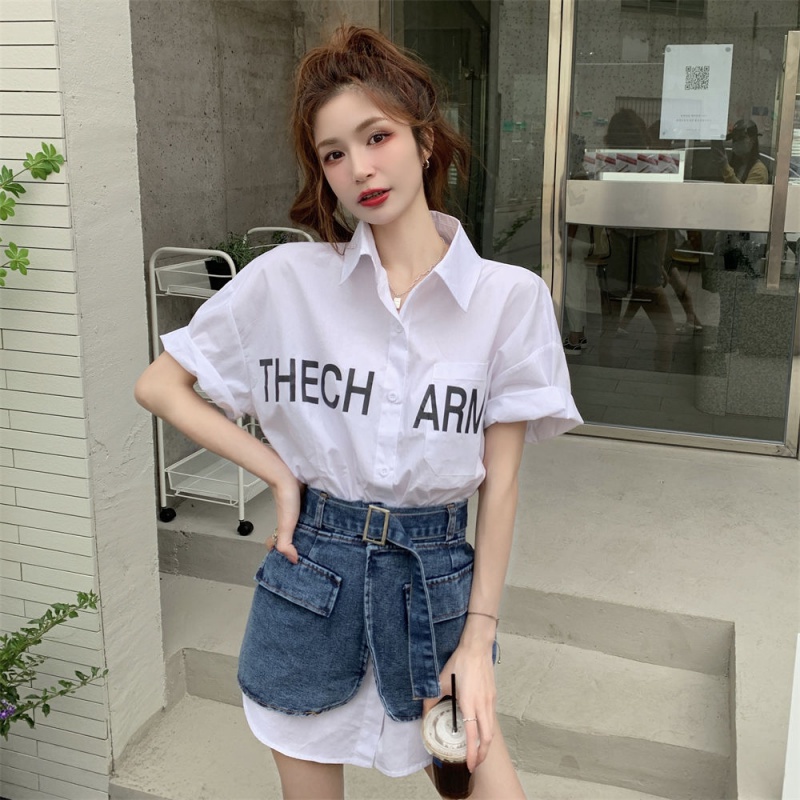 Set váy chân váy jean Set Áo Sơ Mi Dáng Rộng In Chữ + Chân Váy Denim Thời Trang Mùa Hè 2022 Dành Cho Nữ