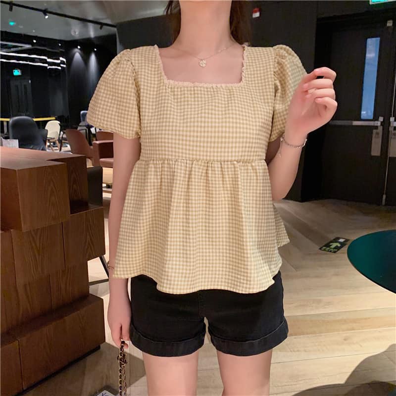 Áo babydoll kẻ caro tặng tặng kèm dây buộc tóc vải scrunchies Ulzzang tiểu thư