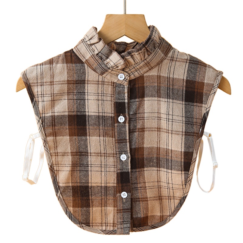 Áo Sơ Mi Giả Cổ Đứng In Họa Tiết Caro Cà Phê Phối Bèo Dễ Tháo Rời Thời Trang Cho Nữ