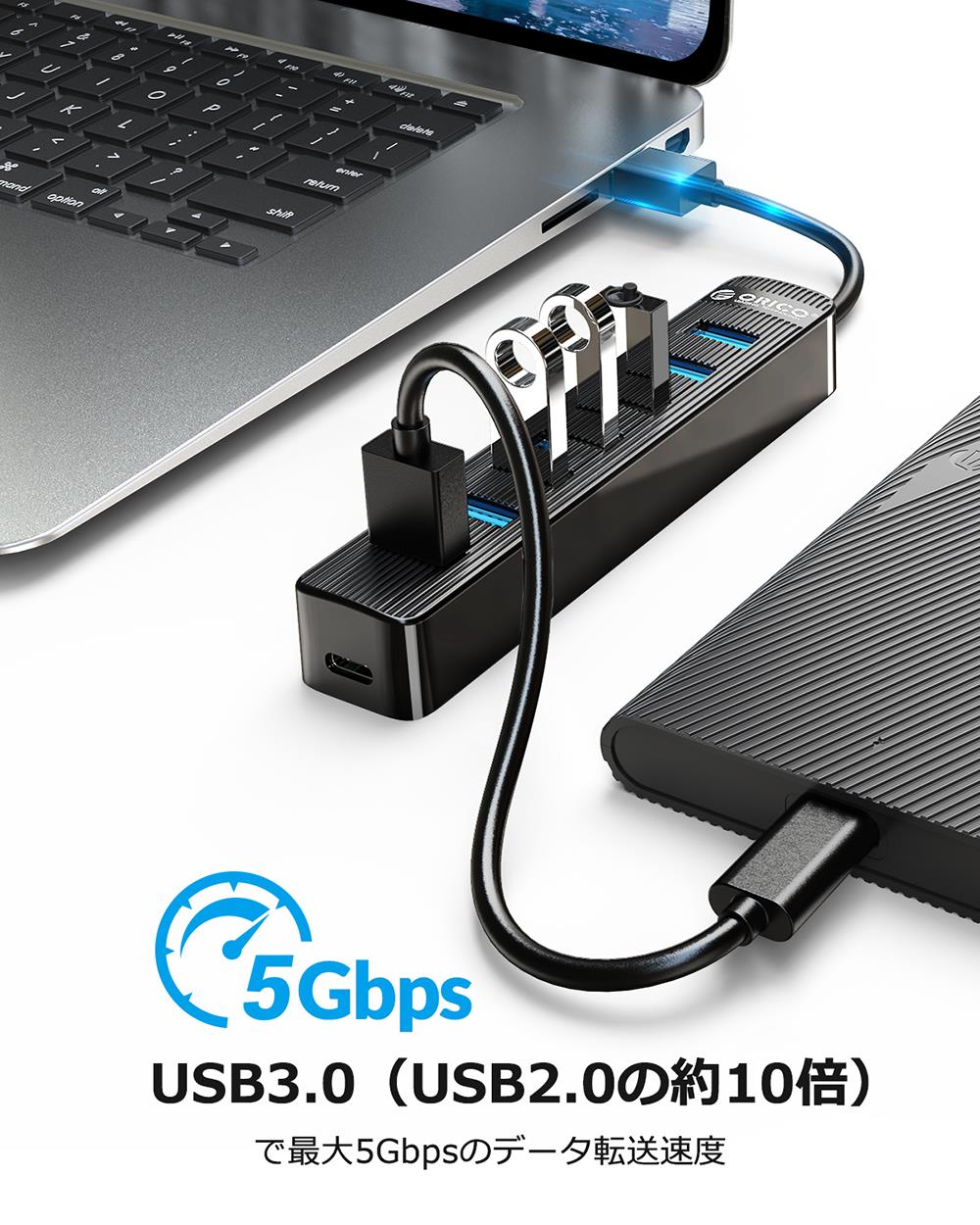 Thiết bị chuyển đổi HUB 7 cổng USB3.0 ORICO TWU3-7A-BK có cổng cấp nguồn điện Type-C tiện dụng