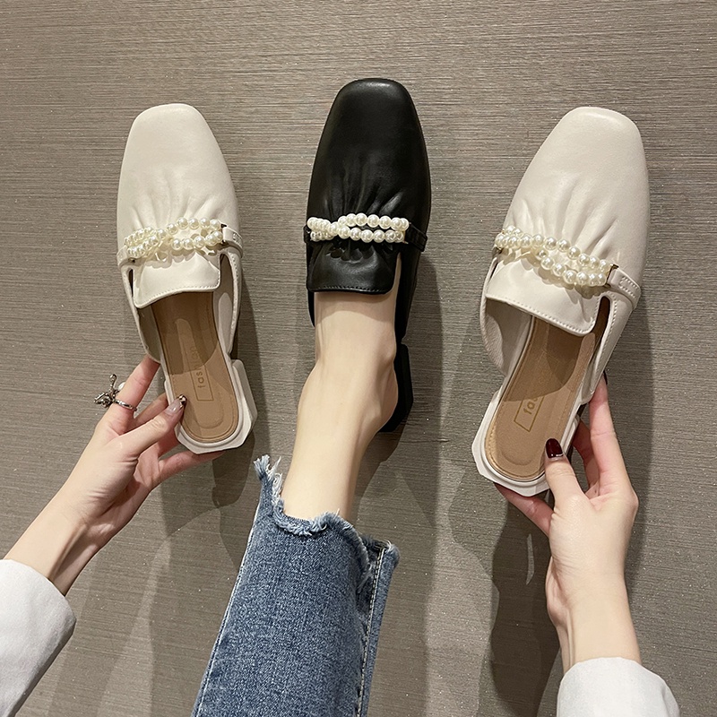 IELGY Dép bít mũi một chiều đính ngọc trai giả phong cách Hàn Quốc