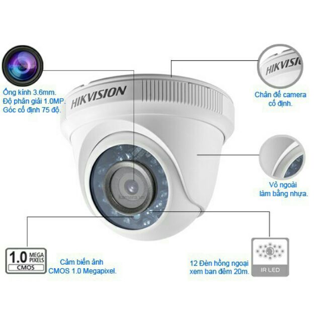 Camera Hikvision TVI 1.0MP Vỏ Kim Loại  DS-2CE56COT-IR