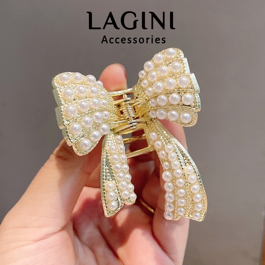 Kẹp tóc càng cua hình bướm kim loại đính ngọc trai Lagini kẹp nửa đầu nữ tính phong cách Hàn Quốc KT15