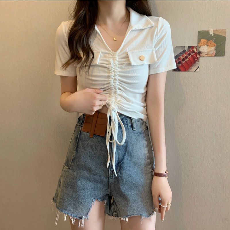 Áo thun nữ cổ bẻ phối 2 túi rút dây giữa siêu hot(A15