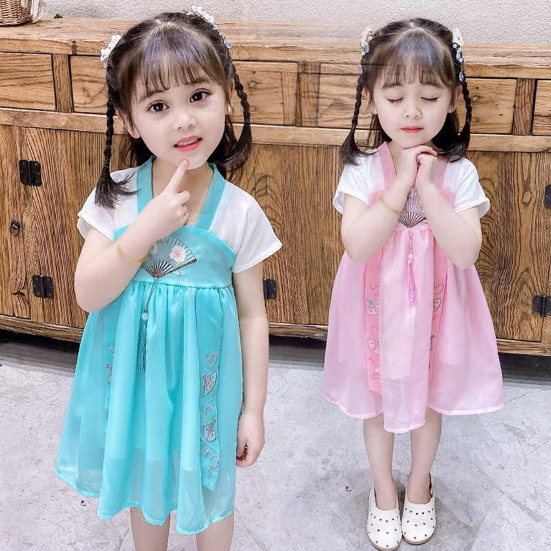 Đầm thêu hình thỏ dễ thương phong cách Hán phục thời trang mùa hè cho bé gái