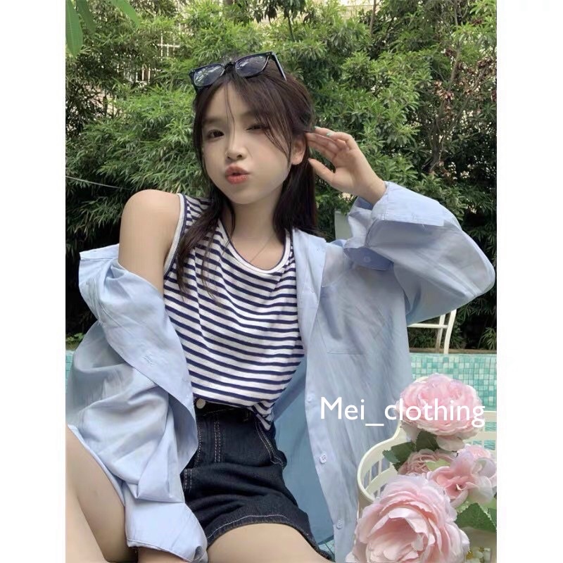 Set sơmi trơn kèm áo ba lỗ kẻ sọc phong cách Hàn Quốc, sơ mi nữ