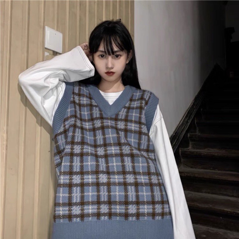 Áo Gile xanh kẻ caro ulzzang ⚡ ẢNH THẬT ⚡ Áo gile len phong cách Hàn Quốc hàng có sẵn HVIRITA