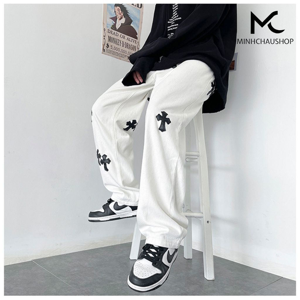 Quần jean nam ống rộng SANMINHCHAU quần kaki nam dáng suông thêu chữ thập phong cách hàn quốc QD26