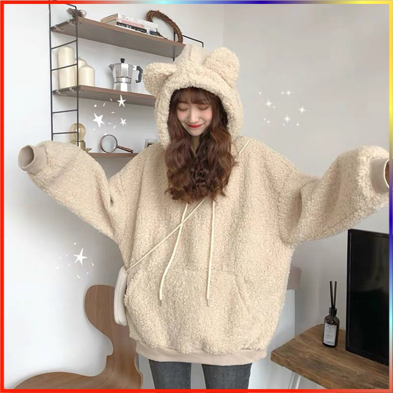 Áo Hoodie Unisex S Nỉ Lông Ấm Áp Freesizee dưới 75kg So Cutiee Tai Gấu G057 S-2XL