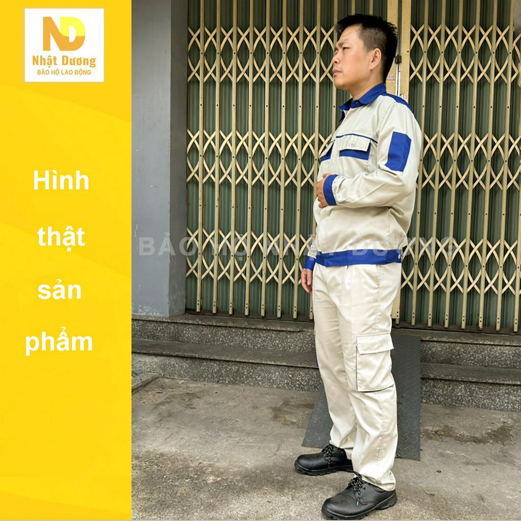 Quần áo lao động nam nữ túi hộp vải kaki 3/1 màu ghi ND19, Đồ bảo hộ lao động Nhật Dương dài tay bền chắc