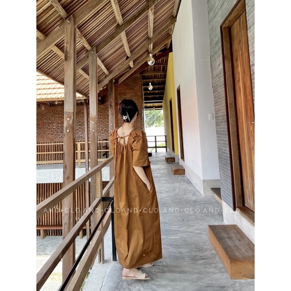Đầm suông cổ vuông chun vai chất thô Hàn