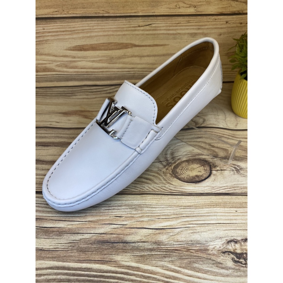 Giày Mọi Trắng Nam Da Bò Thật-Giày Lười Da Cao Cấp Màu Trắng Khoá LV -MV99 Giày SAGO’S tặng 1 vớ BH 12 tháng