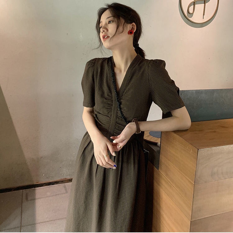 Đầm Tay Phồng Cổ Chữ V Thiết Kế Xếp Ly Phong Cách Retro Pháp Thời Trang Mùa Hè Cho Nữ