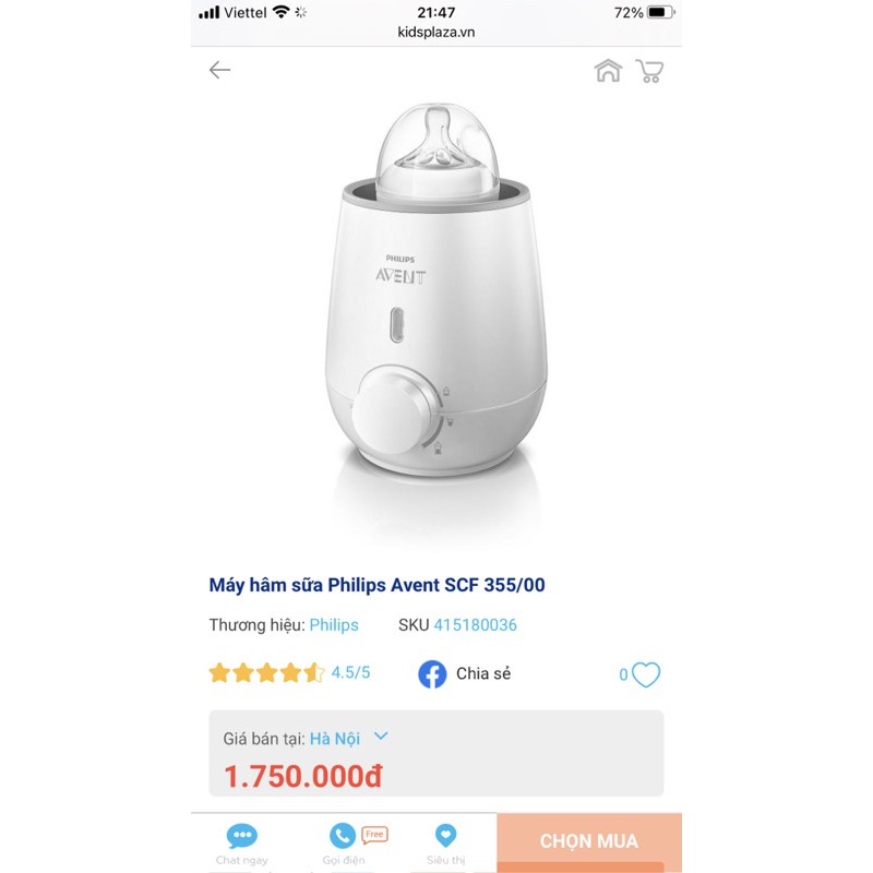 Máy hâm sữa Philips Avent SCF355/00 hàng Công ty