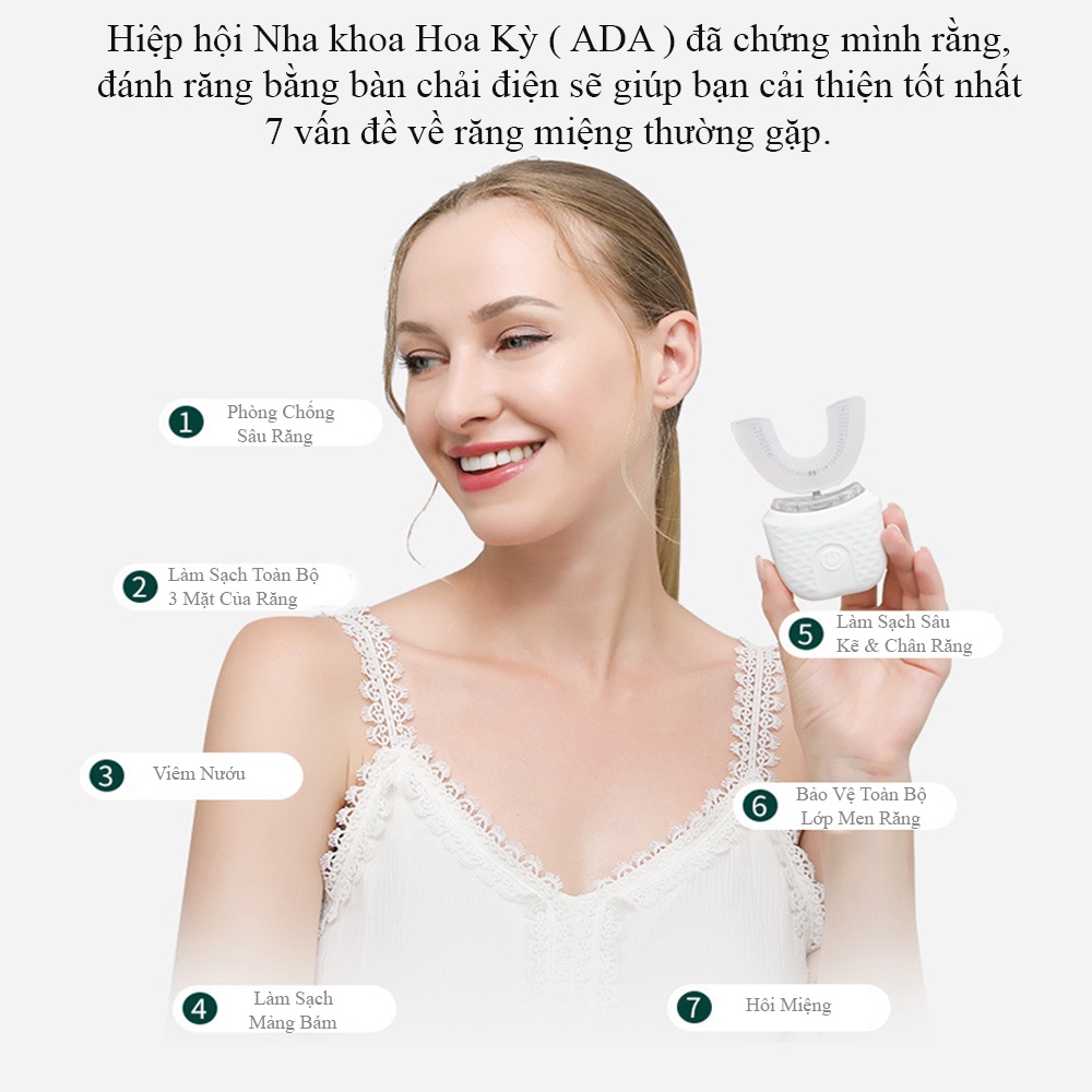 Bàn chải đánh răng tự động thế hệ mới chữ U, rung siêu âm 360 độ làm trắng và massage răng miệng .Bảo hành 24 tháng.