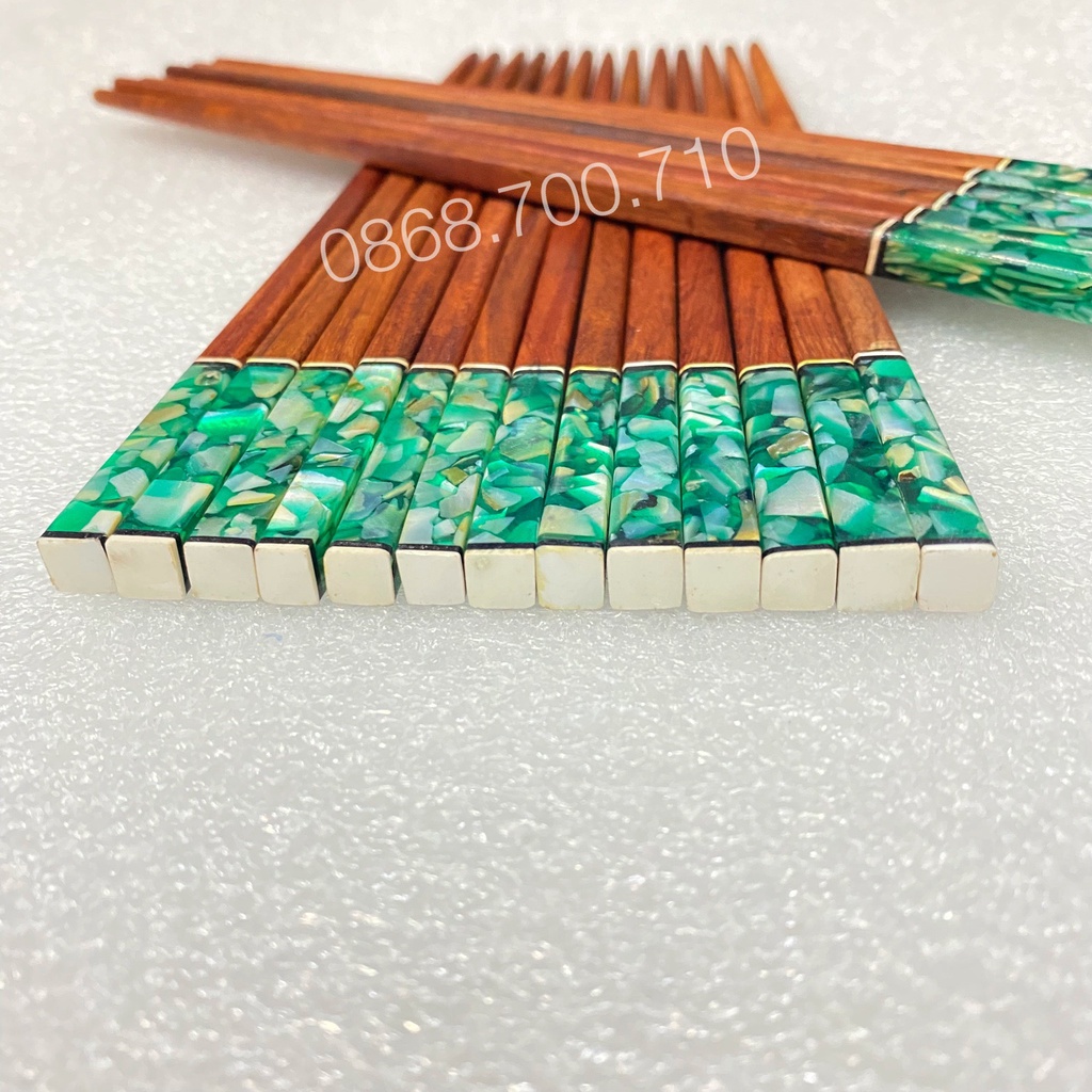 Đũa gỗ Cẩm lai đầu vuông khảm trai biển Xanh lá - bộ 10 đôi