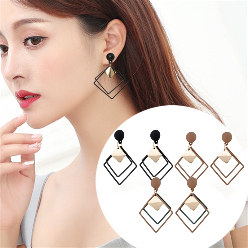 1 Đôi Bông Tai Kim Loại Hai Lớp Hình Học Mặt Nhám Thời Trang Hàn Quốc Dành Cho Nữ