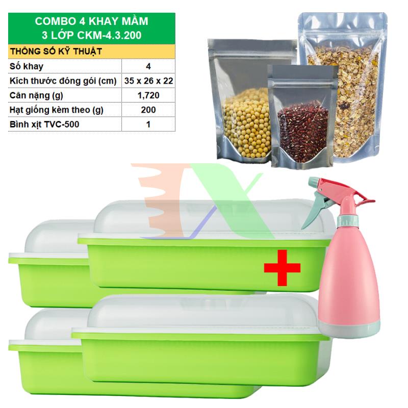 Combo Khay trồng Rau mầm Thủy canh chuyên dụng CKM, Kèm Hạt giống, Bình xịt