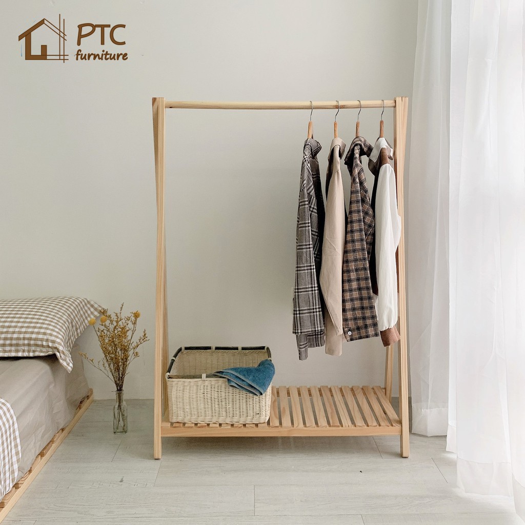 [ Sale Sốc ] Giá Treo Quần Áo 1 Tầng Gỗ Thông PTC FURNITURE Màu Vân Gỗ Nội Thất Lắp Ráp Phong Cách Hàn Quốc